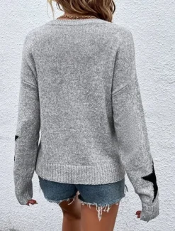 Women's Sweater Casual Soft Star Ribbed Crew Neck Knitted Long Sleeve Regular Tops Knit Outdoor Daily Weekend Gray Fall Winter