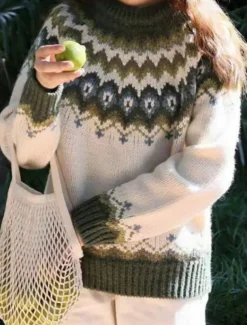 Women's Sweater Casual Soft Geometric Paisley Ribbed Crew Neck Knitted Long Sleeve Regular Tops Knit Outdoor Daily Weekend Red Blue Fall Winter