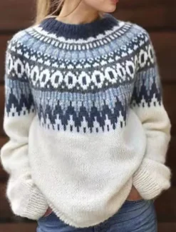 Women's Sweater Casual Soft Geometric Paisley Ribbed Crew Neck Knitted Long Sleeve Regular Tops Knit Outdoor Daily Weekend Red Blue Fall Winter