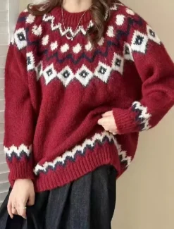 Women's Sweater Casual Soft Geometric Paisley Ribbed Crew Neck Knitted Long Sleeve Regular Tops Knit Outdoor Daily Weekend Red Blue Fall Winter