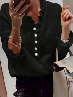 Women's Sweater Casual Soft Pure Color Ribbed V Neck Buttons Knitted Long Sleeve Regular Tops Knit Outdoor Daily Weekend Black White Summer Spring