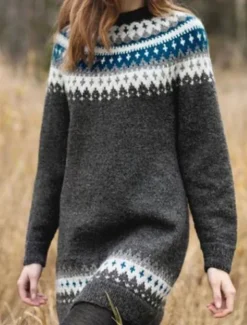 Women's Sweater Casual Soft Geometric Ribbed Crew Neck Knitted Print Long Sleeve Long Tops Knit Outdoor Daily Weekend Black Navy Blue Fall Winter