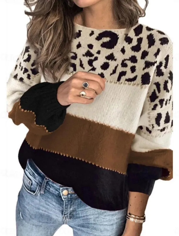 Women's Sweater Casual Soft Leopard Ribbed Crew Neck Knitted Long Sleeve Regular Tops Knit Outdoor Daily Weekend Red Blue Fall Winter