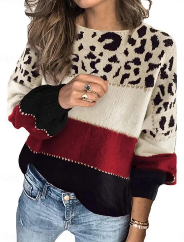 Women's Sweater Casual Soft Leopard Ribbed Crew Neck Knitted Long Sleeve Regular Tops Knit Outdoor Daily Weekend Red Blue Fall Winter