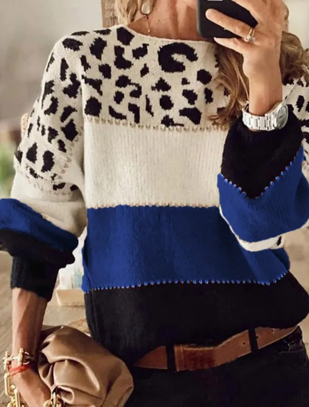 Women's Sweater Casual Soft Leopard Ribbed Crew Neck Knitted Long Sleeve Regular Tops Knit Outdoor Daily Weekend Red Blue Fall Winter