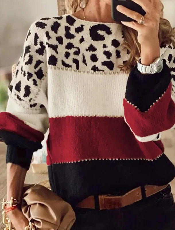 Women's Sweater Casual Soft Leopard Ribbed Crew Neck Knitted Long Sleeve Regular Tops Knit Outdoor Daily Weekend Red Blue Fall Winter