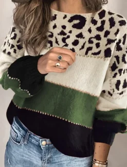 Women's Sweater Casual Soft Leopard Ribbed Crew Neck Knitted Long Sleeve Regular Tops Knit Outdoor Daily Weekend Red Blue Fall Winter