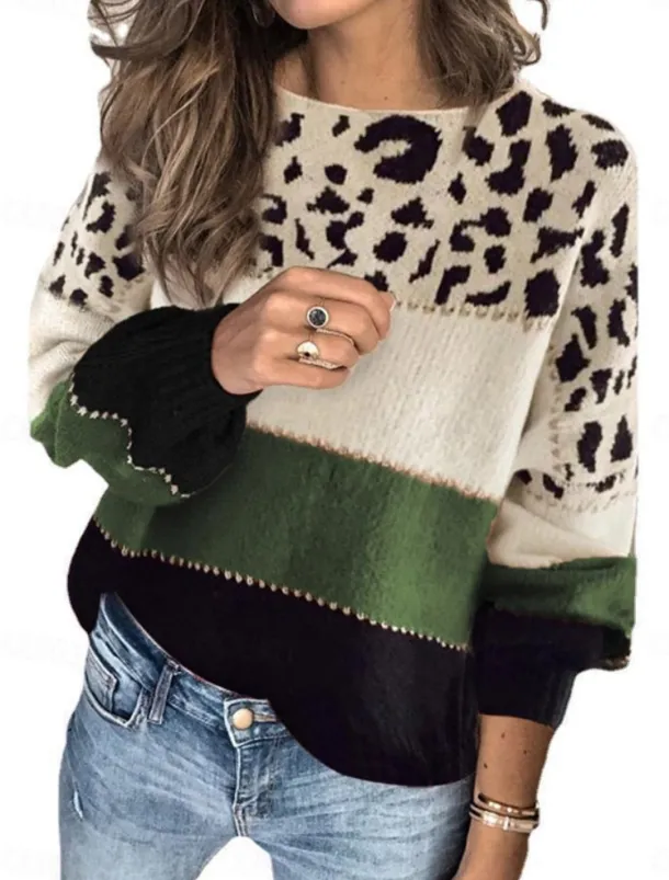 Women's Sweater Casual Soft Leopard Ribbed Crew Neck Knitted Long Sleeve Regular Tops Knit Outdoor Daily Weekend Red Blue Fall Winter