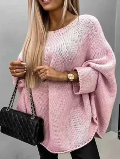 Women's Sweater Casual Soft Pure Color Chunky Crew Neck Knitted Long Sleeve Regular Tops Knit Outdoor Daily Weekend White Pink Fall Winter
