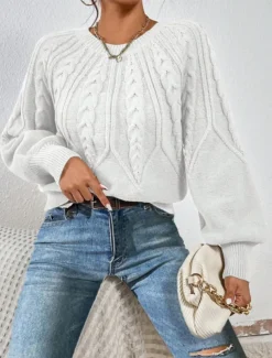 Women's Sweater Casual Soft Pure Color Cable Crew Neck Knitted Long Sleeve Regular Tops Knit Outdoor Daily Weekend Black White Fall Winter