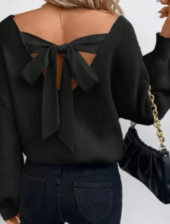 Women's Sweater Casual Soft Pure Color Ribbed V Neck Open Back Knitted Long Sleeve Regular Tops Knit Outdoor Daily Weekend Black Royal Blue Fall Winter