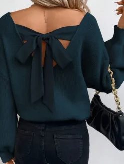 Women's Sweater Casual Soft Pure Color Ribbed V Neck Open Back Knitted Long Sleeve Regular Tops Knit Outdoor Daily Weekend Black Royal Blue Fall Winter