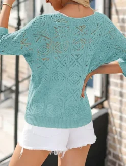 Women's Sweater Casual Soft Pure Color Ribbed V Neck Knitted Hole 3/4 Length Sleeve Regular Tops Knit Outdoor Daily Weekend Green Light Blue Summer Spring