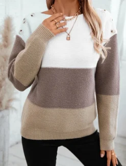 Women's Sweater Casual Soft Striped Ribbed Crew Neck Buttons Knitted Long Sleeve Regular Tops Knit Outdoor Daily Weekend Purple Brown Fall Winter