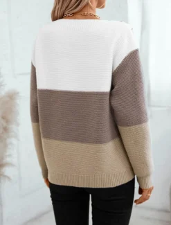 Women's Sweater Casual Soft Striped Ribbed Crew Neck Buttons Knitted Long Sleeve Regular Tops Knit Outdoor Daily Weekend Purple Brown Fall Winter