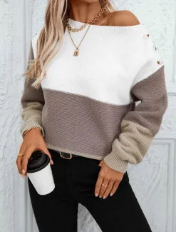 Women's Sweater Casual Soft Striped Ribbed Crew Neck Buttons Knitted Long Sleeve Regular Tops Knit Outdoor Daily Weekend Purple Brown Fall Winter