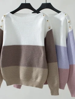Women's Sweater Casual Soft Striped Ribbed Crew Neck Buttons Knitted Long Sleeve Regular Tops Knit Outdoor Daily Weekend Purple Brown Fall Winter