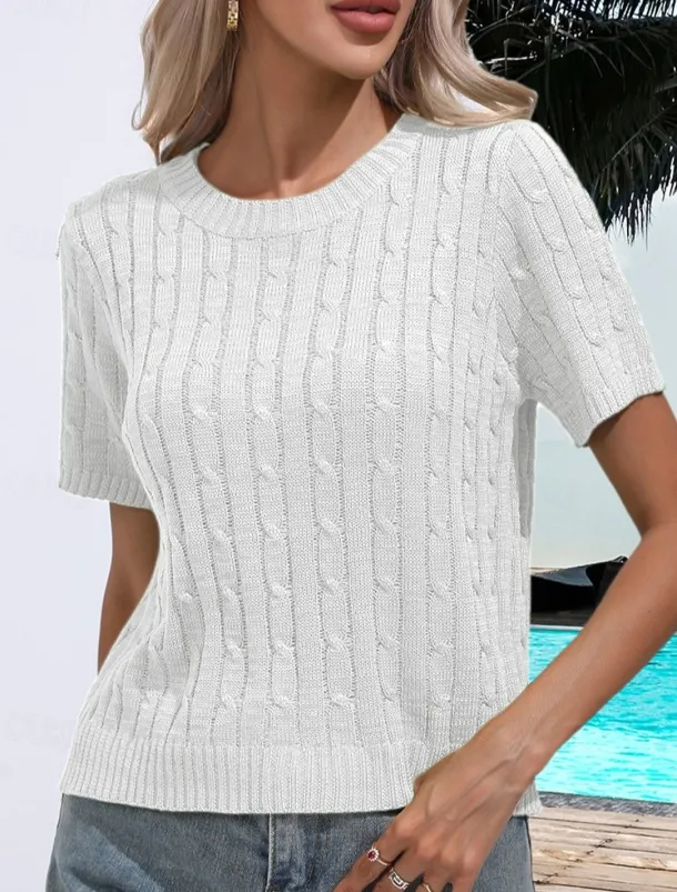 Women's Sweater Casual Soft Pure Color Ribbed Crew Neck Knitted Short Sleeves Regular Tops Knit Daily Weekend White Green Summer Spring