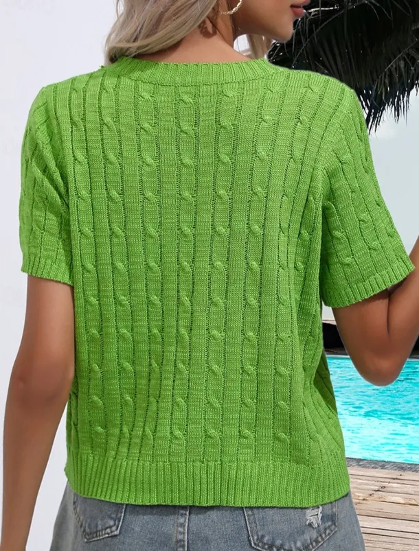 Women's Sweater Casual Soft Pure Color Ribbed Crew Neck Knitted Short Sleeves Regular Tops Knit Daily Weekend White Green Summer Spring