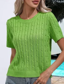 Women's Sweater Casual Soft Pure Color Ribbed Crew Neck Knitted Short Sleeves Regular Tops Knit Daily Weekend White Green Summer Spring