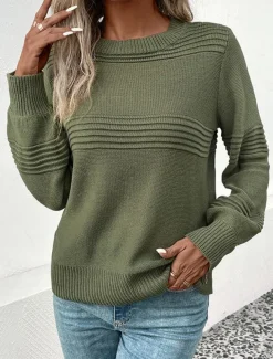 Women's Sweater Casual Soft Pure Color Ribbed Crew Neck Knitted Long Sleeve Regular Tops Knit Outdoor Daily Weekend Army Green Coffee Fall Winter