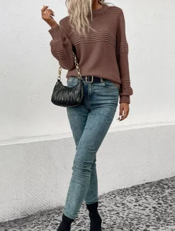 Women's Sweater Casual Soft Pure Color Ribbed Crew Neck Knitted Long Sleeve Regular Tops Knit Outdoor Daily Weekend Army Green Coffee Fall Winter