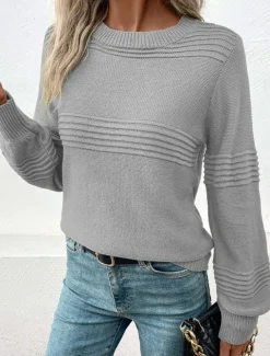 Women's Sweater Casual Soft Pure Color Ribbed Crew Neck Knitted Long Sleeve Regular Tops Knit Outdoor Daily Weekend Army Green Coffee Fall Winter