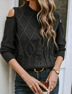 Women's Sweater Casual Soft Pure Color Cable Crew Neck Knitted Cold Shoulder Long Sleeve Regular Tops Knit Outdoor Daily Weekend Black Fall Winter