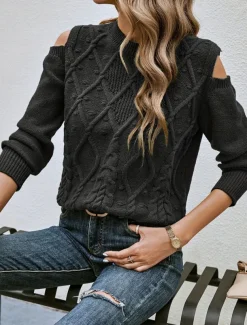 Women's Sweater Casual Soft Pure Color Cable Crew Neck Knitted Cold Shoulder Long Sleeve Regular Tops Knit Outdoor Daily Weekend Black Fall Winter