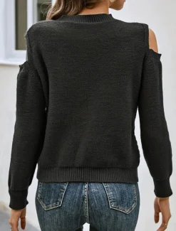 Women's Sweater Casual Soft Pure Color Cable Crew Neck Knitted Cold Shoulder Long Sleeve Regular Tops Knit Outdoor Daily Weekend Black Fall Winter