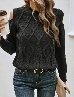 Women's Sweater Casual Soft Pure Color Cable Crew Neck Knitted Cold Shoulder Long Sleeve Regular Tops Knit Outdoor Daily Weekend Black Fall Winter