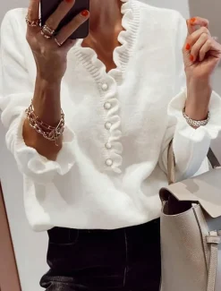 Women's Sweater Casual Soft Pure Color Ribbed V Neck Ruffle Buttons Knitted Long Sleeve Regular Tops Knit Outdoor Daily Weekend Black White Fall Winter