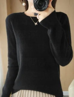 Women's Sweater Casual Soft Pure Color Ribbed Crew Neck Knitted Long Sleeve Regular Tops Knit Outdoor Daily Weekend Black Red Fall Winter