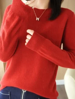 Women's Sweater Casual Soft Pure Color Ribbed Crew Neck Knitted Long Sleeve Regular Tops Knit Outdoor Daily Weekend Black Red Fall Winter