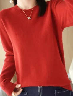 Women's Sweater Casual Soft Pure Color Ribbed Crew Neck Knitted Long Sleeve Regular Tops Knit Outdoor Daily Weekend Black Red Fall Winter