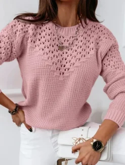 Women's Sweater Casual Soft Pure Color Ribbed Crew Neck Knitted Long Sleeve Regular Tops Knit Outdoor Daily Weekend White Pink Fall Winter