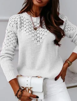 Women's Sweater Casual Soft Pure Color Ribbed Crew Neck Knitted Long Sleeve Regular Tops Knit Outdoor Daily Weekend White Pink Fall Winter