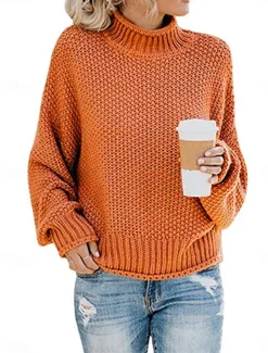 Women's Sweater Casual Soft Pure Color Ribbed Crew Neck Knitted Long Sleeve Regular Tops Knit Outdoor Daily Weekend Orange Khaki Fall Winter