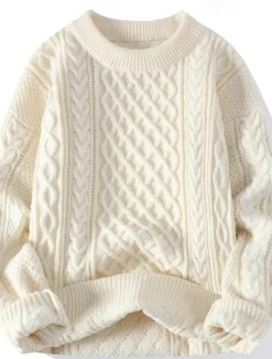 Women's Sweater Casual Soft Pure Color Cable Crew Neck Knitted Long Sleeve Regular Tops Knit Outdoor Daily Weekend Blue Beige Fall Winter