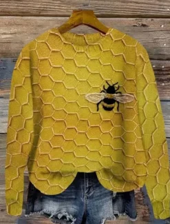 Women's Sweater Casual Soft Floral Graphic Animal Ribbed Crew Neck Knitted Print Long Sleeve Regular Tops Knit Outdoor Daily Weekend Yellow Blue Fall Winter