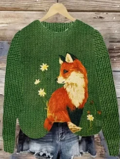 Women's Sweater Casual Soft Floral Graphic Animal Ribbed Crew Neck Knitted Print Long Sleeve Regular Tops Knit Outdoor Daily Weekend Yellow Blue Fall Winter