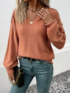 Women's Sweater Casual Soft Pure Color Ribbed V Neck Knitted Long Sleeve Regular Tops Knit Outdoor Daily Weekend Red Brown Fall Winter