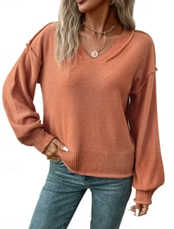 Women's Sweater Casual Soft Pure Color Ribbed V Neck Knitted Long Sleeve Regular Tops Knit Outdoor Daily Weekend Red Brown Fall Winter