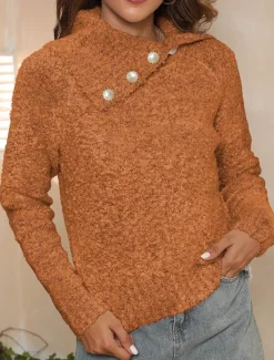 Women's Sweater Casual Soft Pure Color Ribbed Shirt Collar Buttons Knitted Long Sleeve Regular Tops Knit Outdoor Daily Weekend Brown Green Fall Winter