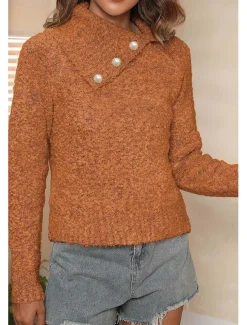 Women's Sweater Casual Soft Pure Color Ribbed Shirt Collar Buttons Knitted Long Sleeve Regular Tops Knit Outdoor Daily Weekend Brown Green Fall Winter