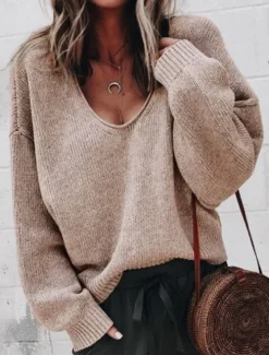 Women's Sweater Casual Soft Pure Color Ribbed V Neck Knitted Long Sleeve Regular Tops Knit Outdoor Daily Weekend Black Khaki Fall Winter