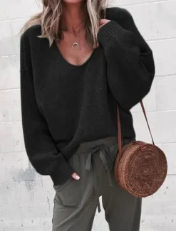 Women's Sweater Casual Soft Pure Color Ribbed V Neck Knitted Long Sleeve Regular Tops Knit Outdoor Daily Weekend Black Khaki Fall Winter