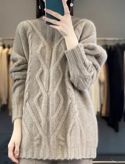 Women's Sweater Casual Soft Pure Color Cable Stand Collar Knitted Long Sleeve Regular Tops Knit Outdoor Daily Weekend Black White Fall Winter