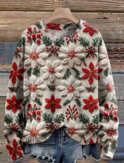 Women's Sweater Casual Soft Floral Graphic Ribbed Crew Neck Knitted Long Sleeve Regular Tops Knit Outdoor Daily Weekend White Green Fall Winter