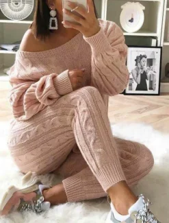 Women's Sweater Casual Solid Color Cable Crew Neck Knitted Long Sleeve Long Tops Knit Weekend Pink Fall Winter